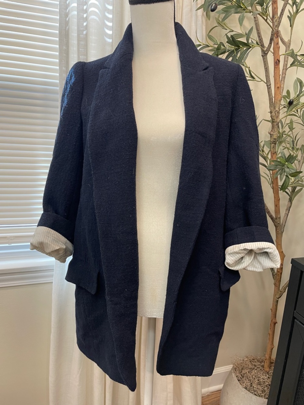 ZARA BASIC Navy Women's Open-Front Blazer Jacket 3/4 sleeve — M